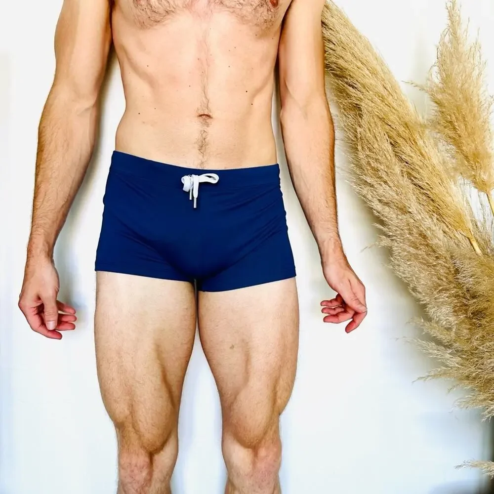 MENS 2XIST Navy Blue White Drawstring Tie Swimsuit Mini Swim Trunk Shorts L